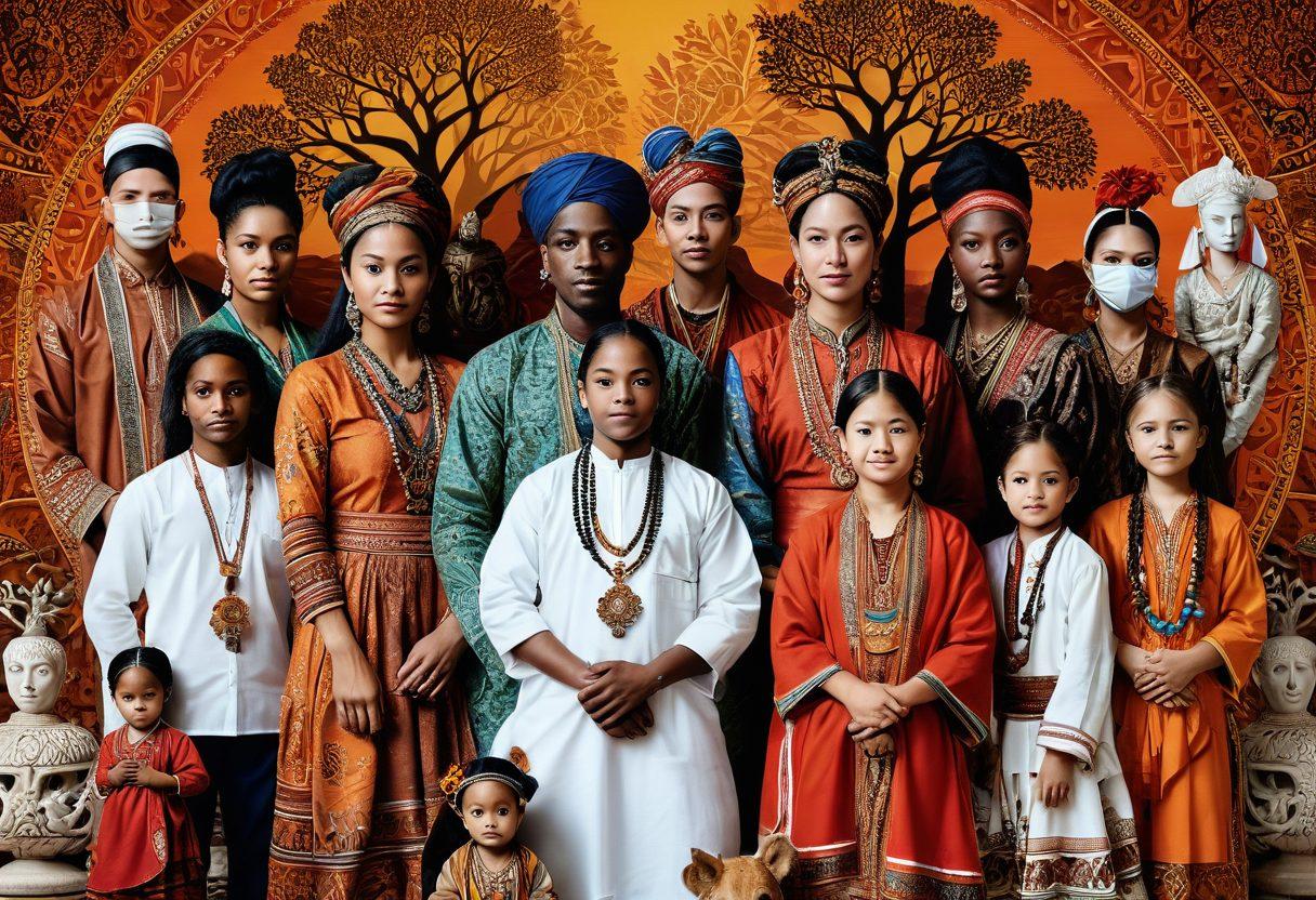 A vibrant collage representing diverse cultures and ethnic heritages, featuring traditional attire from around the world, intricate patterns symbolizing different ancestry, and a family tree intertwining with various cultural artifacts. The background should evoke a sense of global unity, with a sunset that casts warm tones illuminating the elements. super-realistic. vibrant colors. white background.