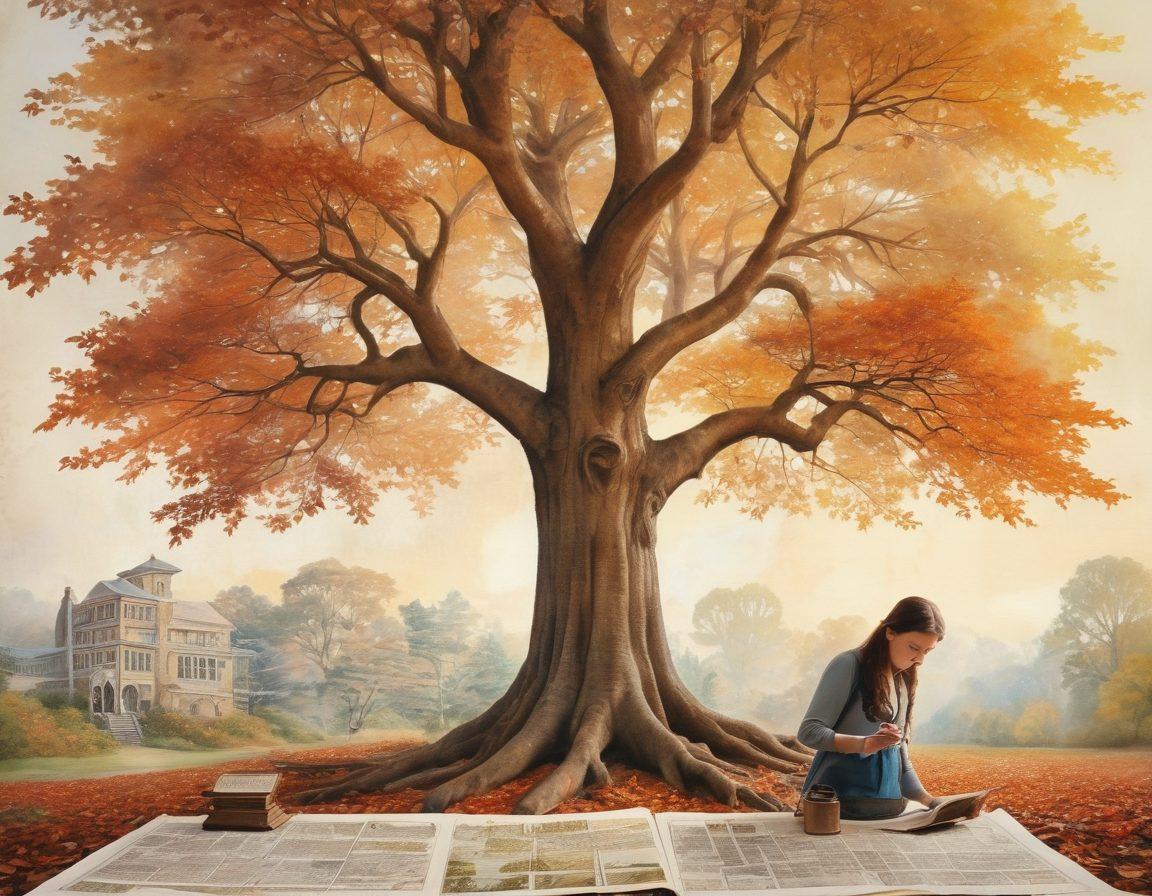 A beautifully intricate family tree with vibrant leaves, each leaf representing a different ancestor, set against a backdrop of vintage maps and old photographs. In one corner, a person is using a magnifying glass to examine historical documents, while soft rays of light illuminate the scene, evoking a sense of discovery and nostalgia. The overall tone should be warm and inviting, conveying a sense of connection to heritage. watercolor painting. soft pastels. warm tones.
