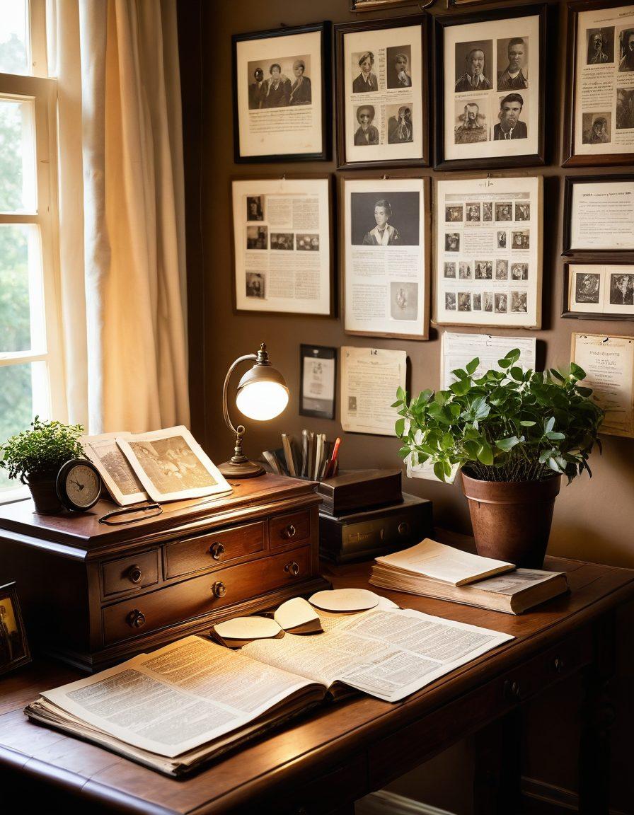 A beautifully arranged vintage study space with an antique wooden desk, overflowing with old family records, aged photographs, and a magnifying glass. Soft light filters through a nearby window, illuminating a family tree chart on the wall. A globe and a few history books are subtly included to enhance the atmosphere of genealogical exploration. nostalgic, warm color tones, super-realistic.